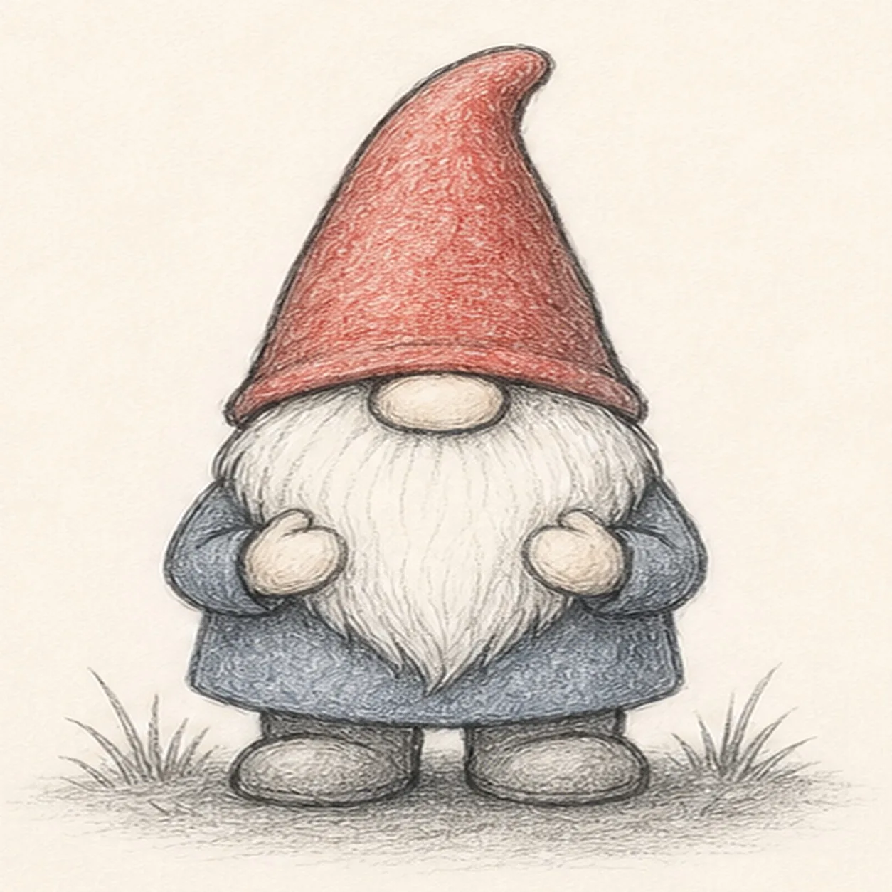 Graphite and colored-pencil sketch of a garden gnome with a tall red hat, round nose, long white beard, blue coat, small boots, mitten hands, grass tufts, and soft ground shadow