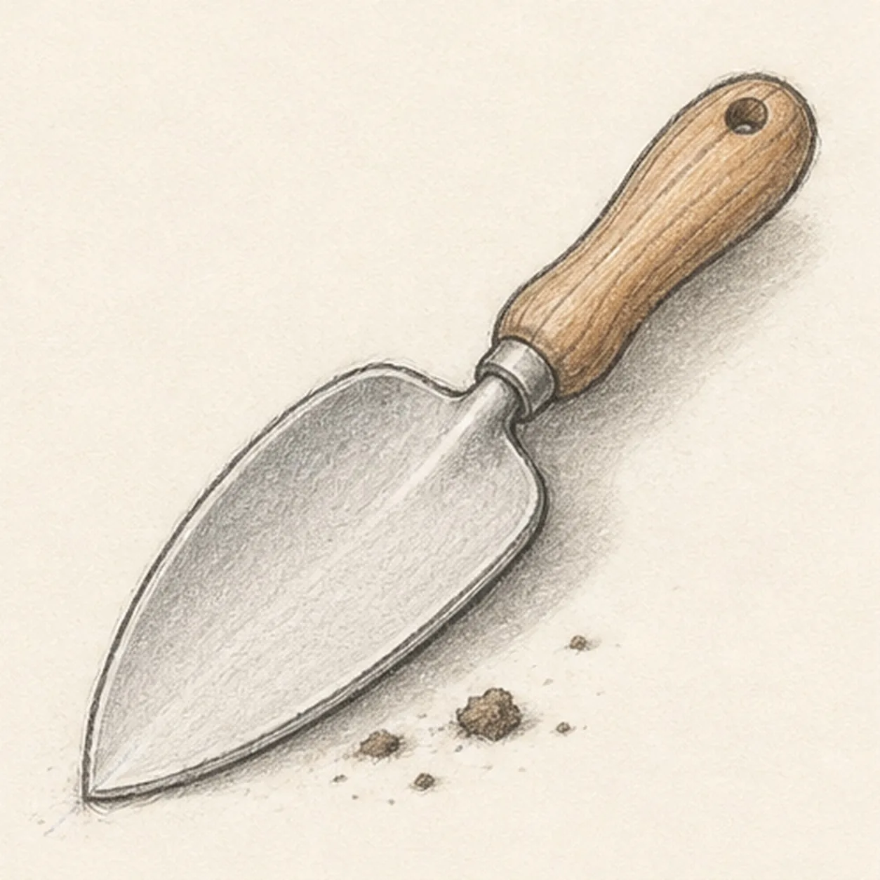 Graphite and colored-pencil sketch of a diagonal garden hand trowel with teardrop gray metal blade, rounded wooden handle, ferrule band, hanging hole, blade edge, wood grain, soil crumbs, warm brown handle shading, and soft cast shadow