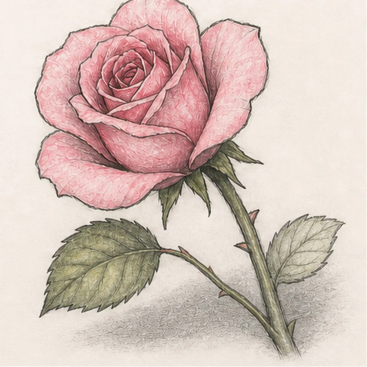 Handmade graphite and colored-pencil sketch of a three-quarter pink garden rose with layered overlapping petals, pointed green sepals, a diagonal thorned stem, two serrated leaves, and a soft gray cast shadow