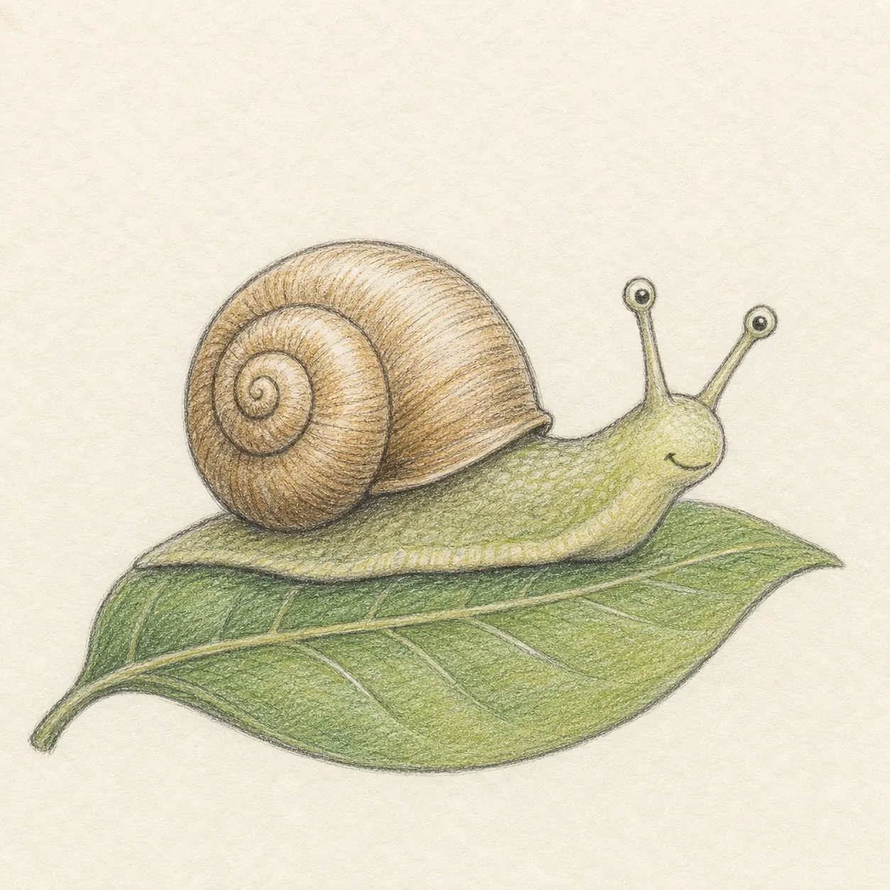 Loose graphite and colored-pencil sketch of a friendly garden snail with a tan spiral shell crawling on a green leaf