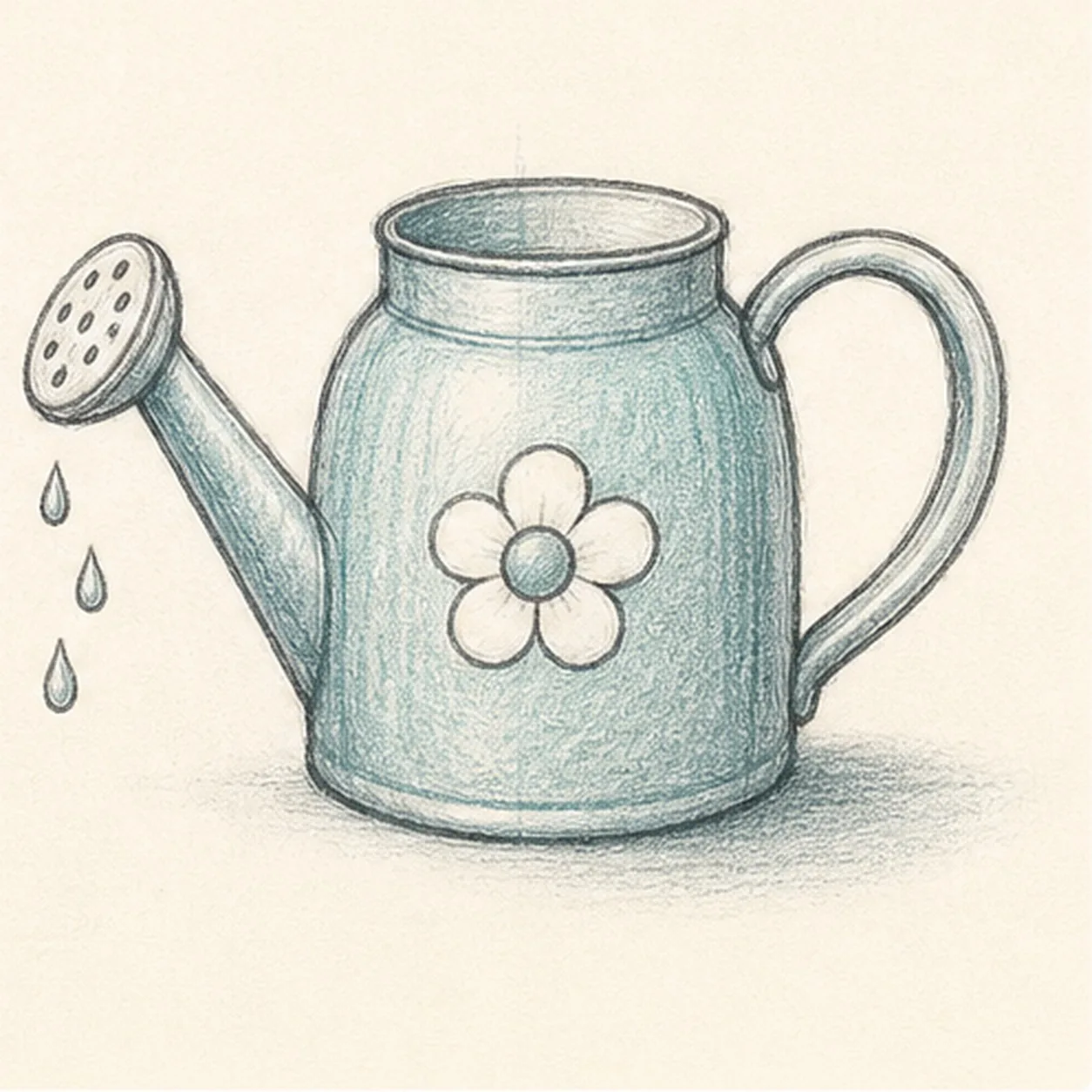 Graphite and teal colored-pencil sketch of a garden watering can with a rounded body, curved handle, long spout, sprinkler rose, falling water drops, flower decal, and soft shadow