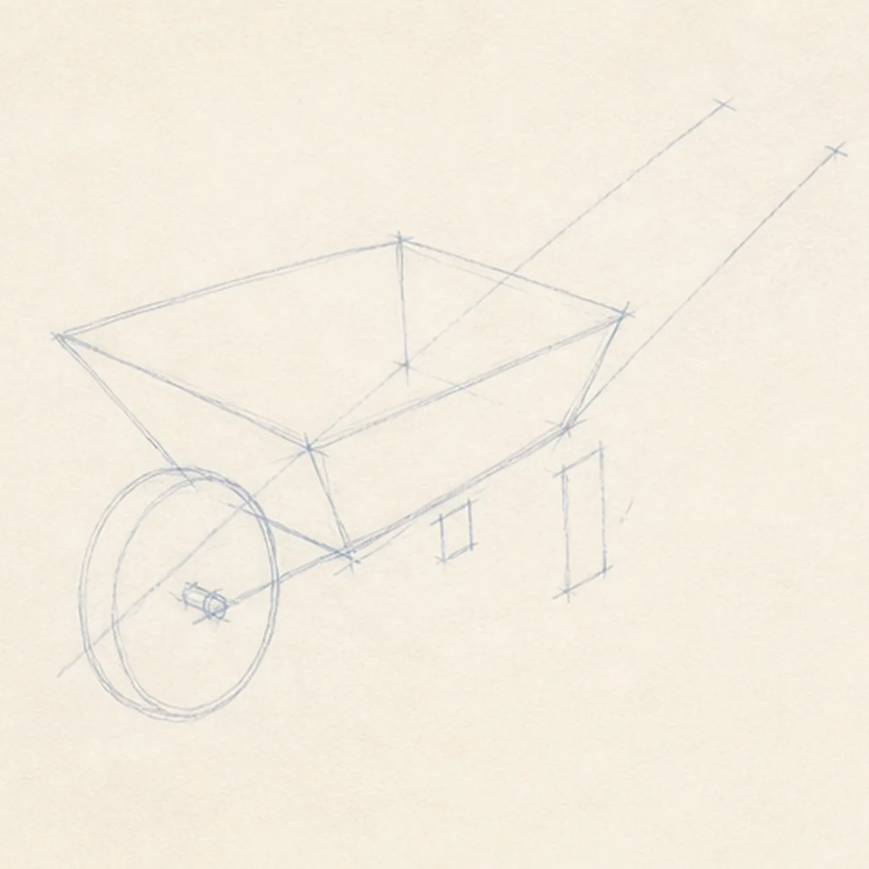 Set the tray, wheel, and handles stage for how to draw a garden wheelbarrow