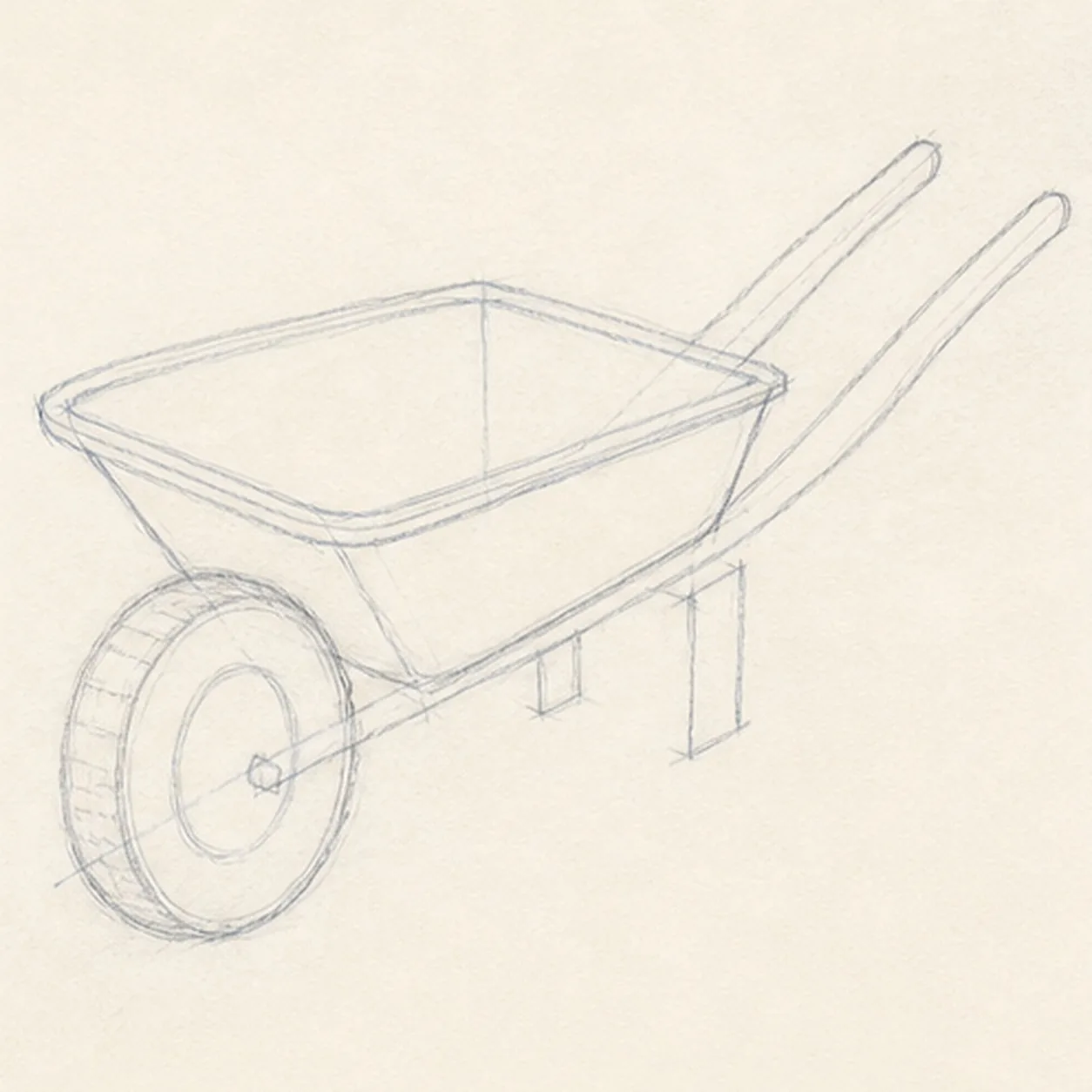 Shape the working silhouette stage for how to draw a garden wheelbarrow