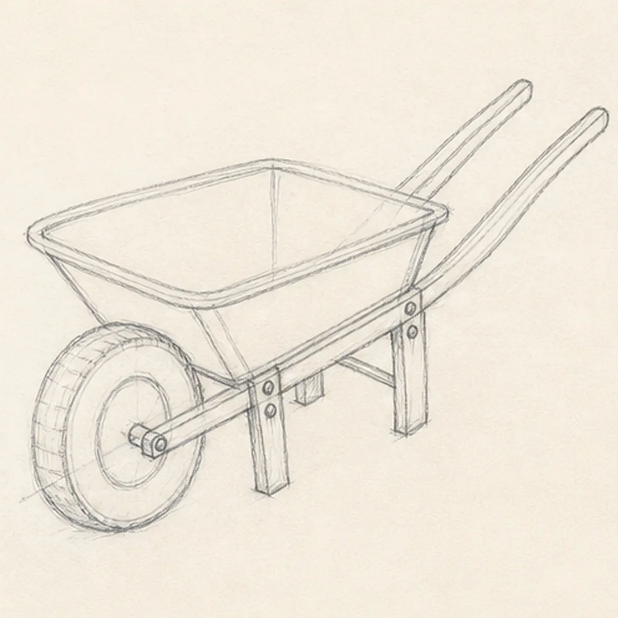 Build the support frame stage for how to draw a garden wheelbarrow
