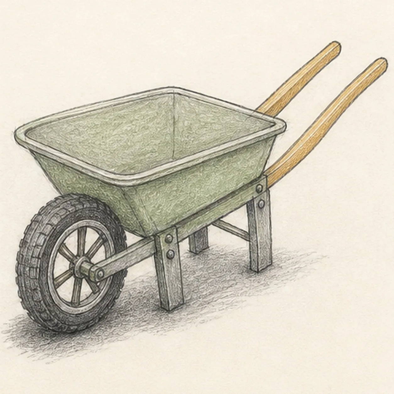Show metal, wood, rubber, and ground stage for how to draw a garden wheelbarrow