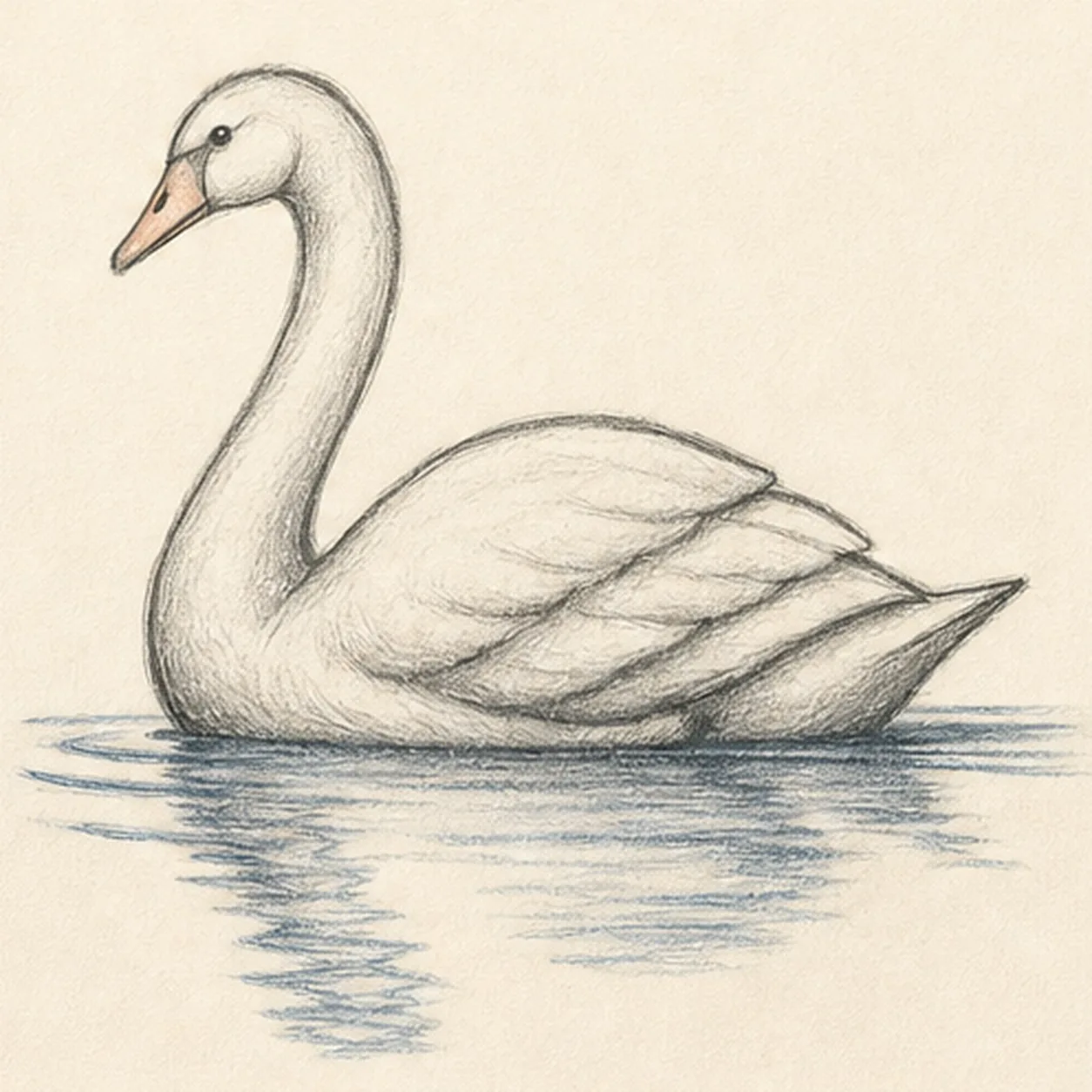 Handmade graphite and colored-pencil sketch of one left-facing swan gliding on calm water with a long S-curved neck, small black eye, pale peach divided beak, rounded white body, folded wing with three broad layered feather groups, pointed tail, three blue-gray ripples, narrow trailing wake, soft broken reflection, paper highlights, and shallow contact shadow