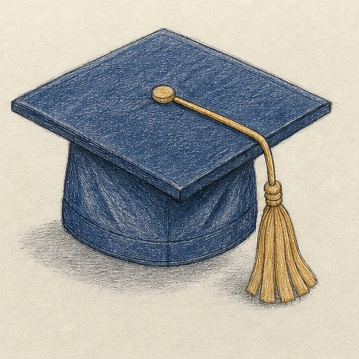 Handmade graphite and colored-pencil sketch of one three-quarter graduation cap with a deep-navy perspective diamond board, visible front and right thickness edges, soft navy fabric crown and curved lower band, one small warm-ochre center button, one ochre cord crossing the board and bending over the front-right corner, one hanging tassel with exactly five broad fringe groups, three crown folds, paper highlights, and one broken graphite cast shadow