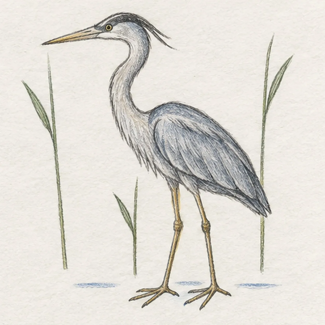Handmade graphite and restrained colored-pencil sketch of one left-facing great blue heron standing upright in shallow water with one long S-curved neck, one pointed ochre beak, one dark eye and crown stripe, one blue-gray folded wing divided into three long feather groups, exactly two ochre legs with three forward toes and one rear toe on each foot, exactly three green reeds with one leaf each, exactly three short pale-blue ripple marks, visible paper tooth, and open-paper highlights