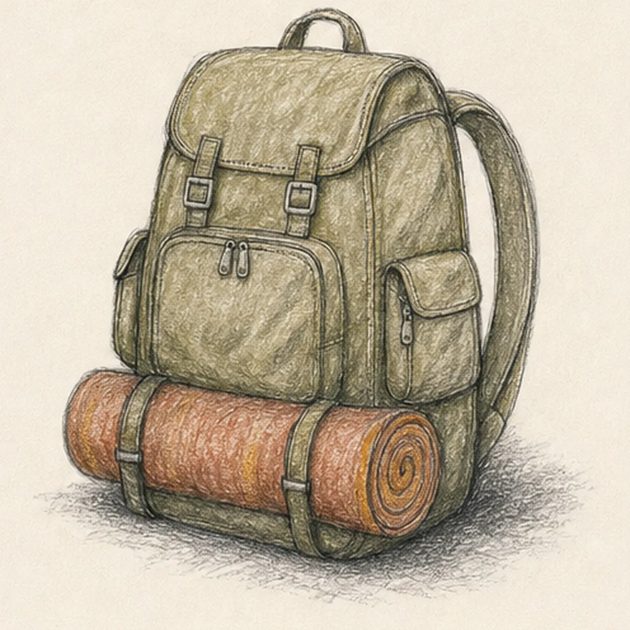 Handmade graphite and colored-pencil sketch of one muted-olive hiking backpack in a gentle three-quarter view with a rounded top flap, one top handle, two square flap buckles, one large front zipper pocket with two pulls, two asymmetric side pockets, one broad shoulder strap visible behind the bag, one rust-and-ochre rolled blanket secured across the lower front by exactly two retaining straps, a visible spiral blanket end, canvas creases, paper highlights, and one broken graphite cast shadow