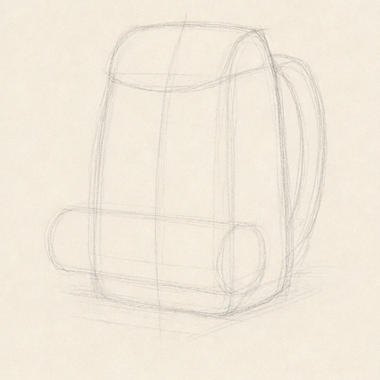 Block the pack and blanket stage for how to draw a hiking backpack and rolled blanket