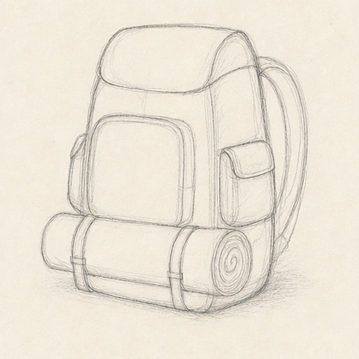 Attach pockets and straps stage for how to draw a hiking backpack and rolled blanket