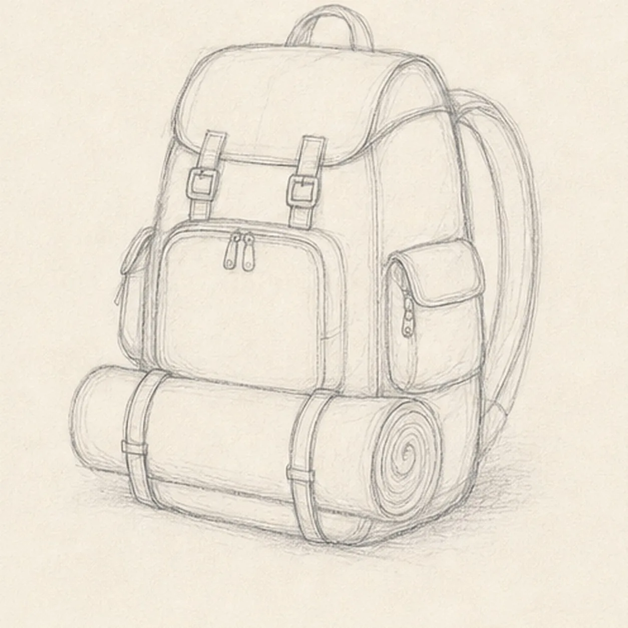 Add the trail hardware stage for how to draw a hiking backpack and rolled blanket
