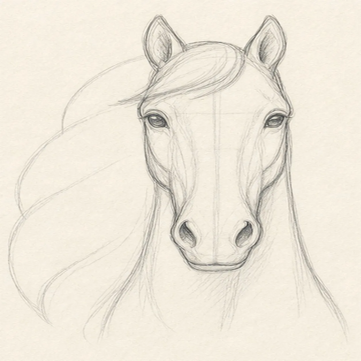 Place the horse's features stage for how to draw a horse head with a flowing mane