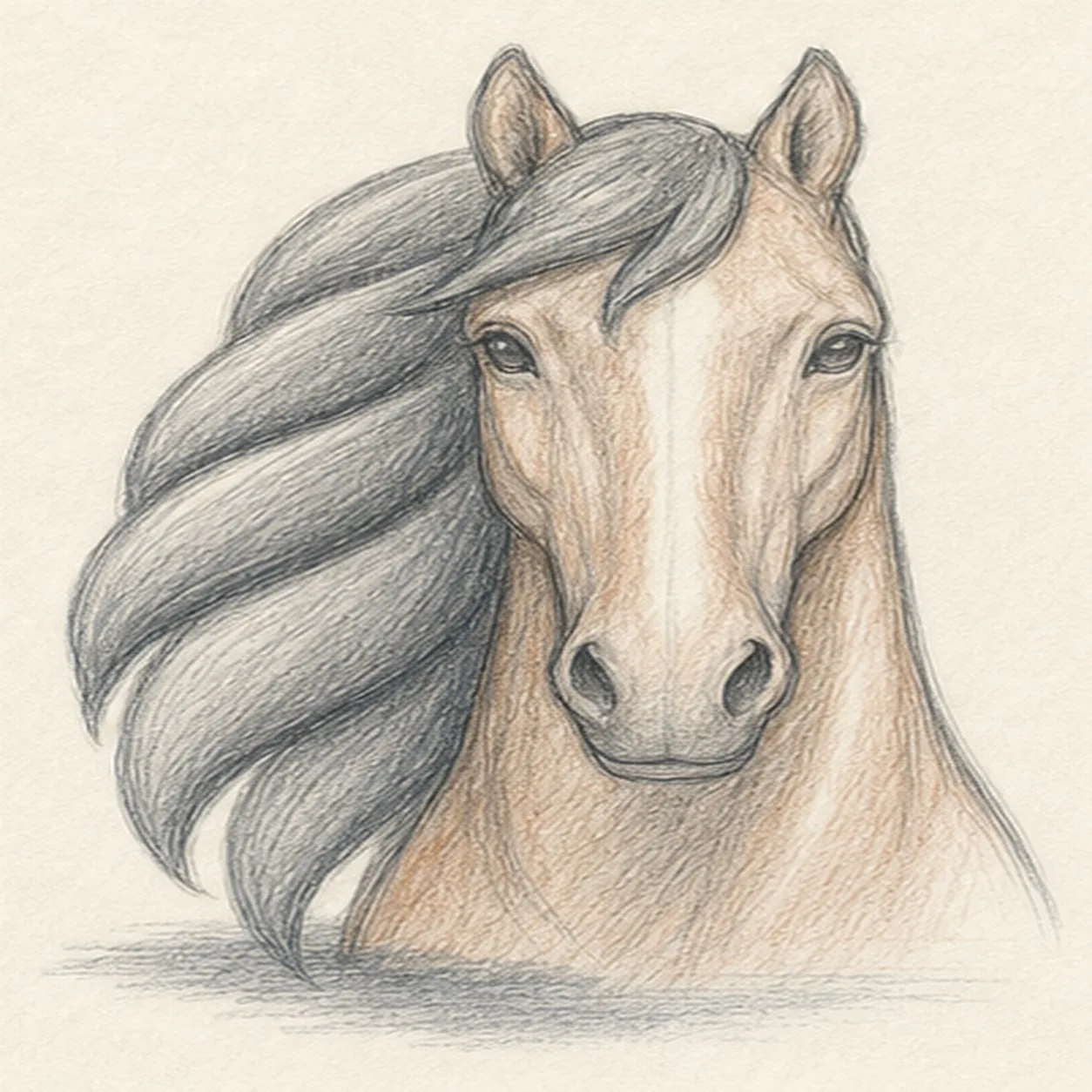 Model the planes and color stage for how to draw a horse head with a flowing mane