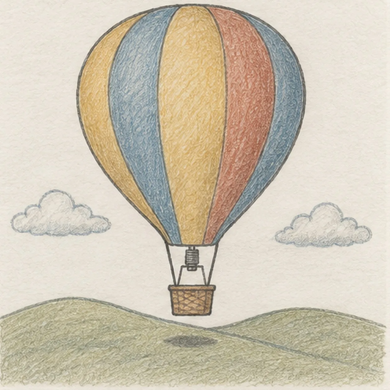 Handmade graphite and muted colored-pencil sketch of one tall ochre, blue and rust hot-air balloon with four curved panel seams, a small brown wicker basket hanging from two fixed ropes, one small burner, two low green rolling hills, exactly two clouds, visible paper texture and one short graphite shadow below the basket