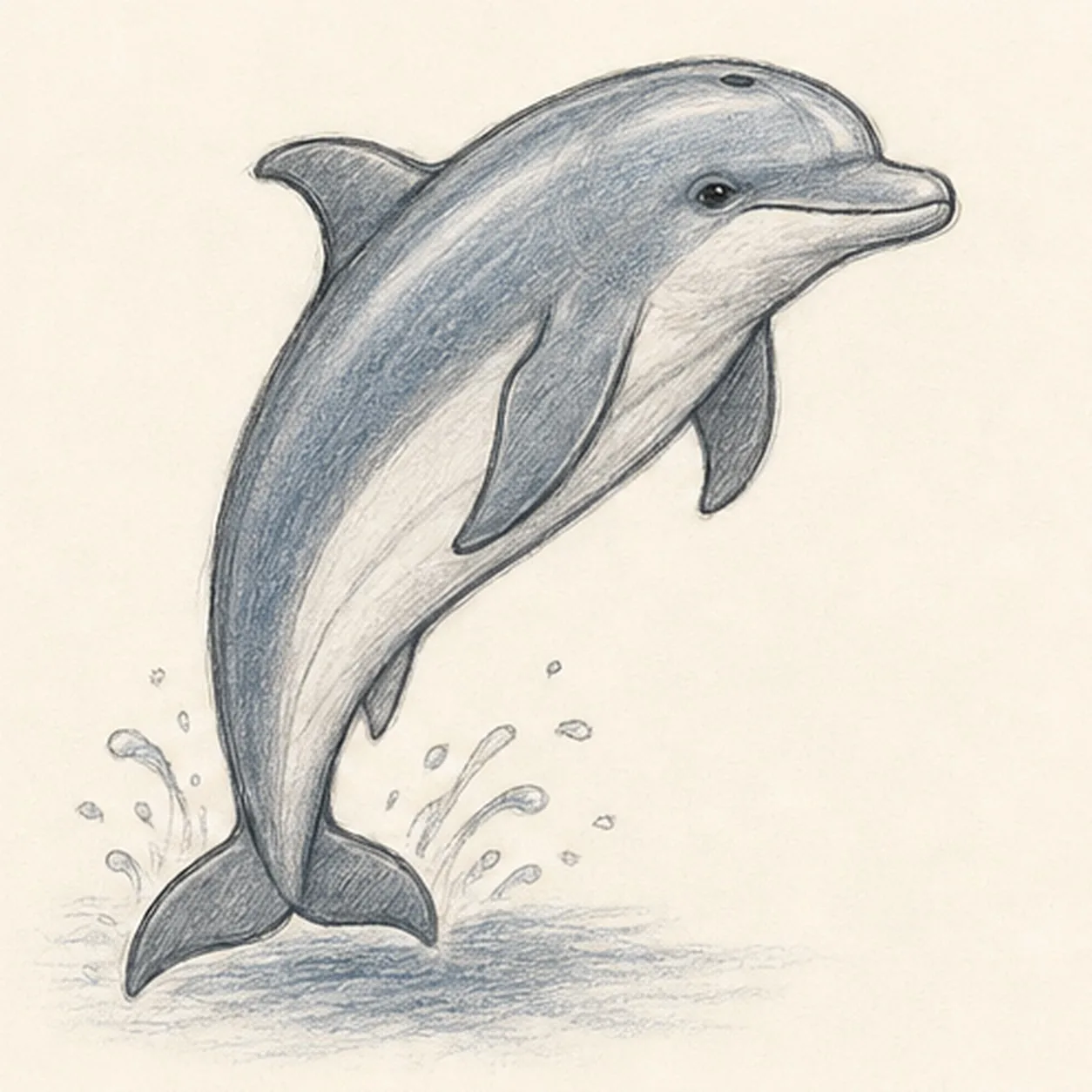 Handmade graphite and blue-gray colored-pencil sketch of a bottlenose dolphin leaping upward with a rounded forehead, short beak, dorsal fin, two pectoral flippers, paired tail flukes, pale belly, small water splash, and soft watery shadow