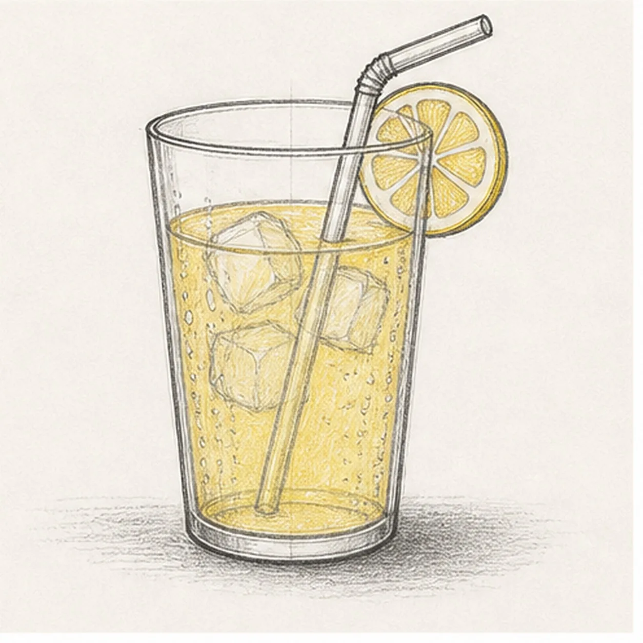 Graphite and yellow colored-pencil sketch of a clear glass of lemonade with a bendy straw, lemon wheel, ice cubes, condensation dots, and table shadow