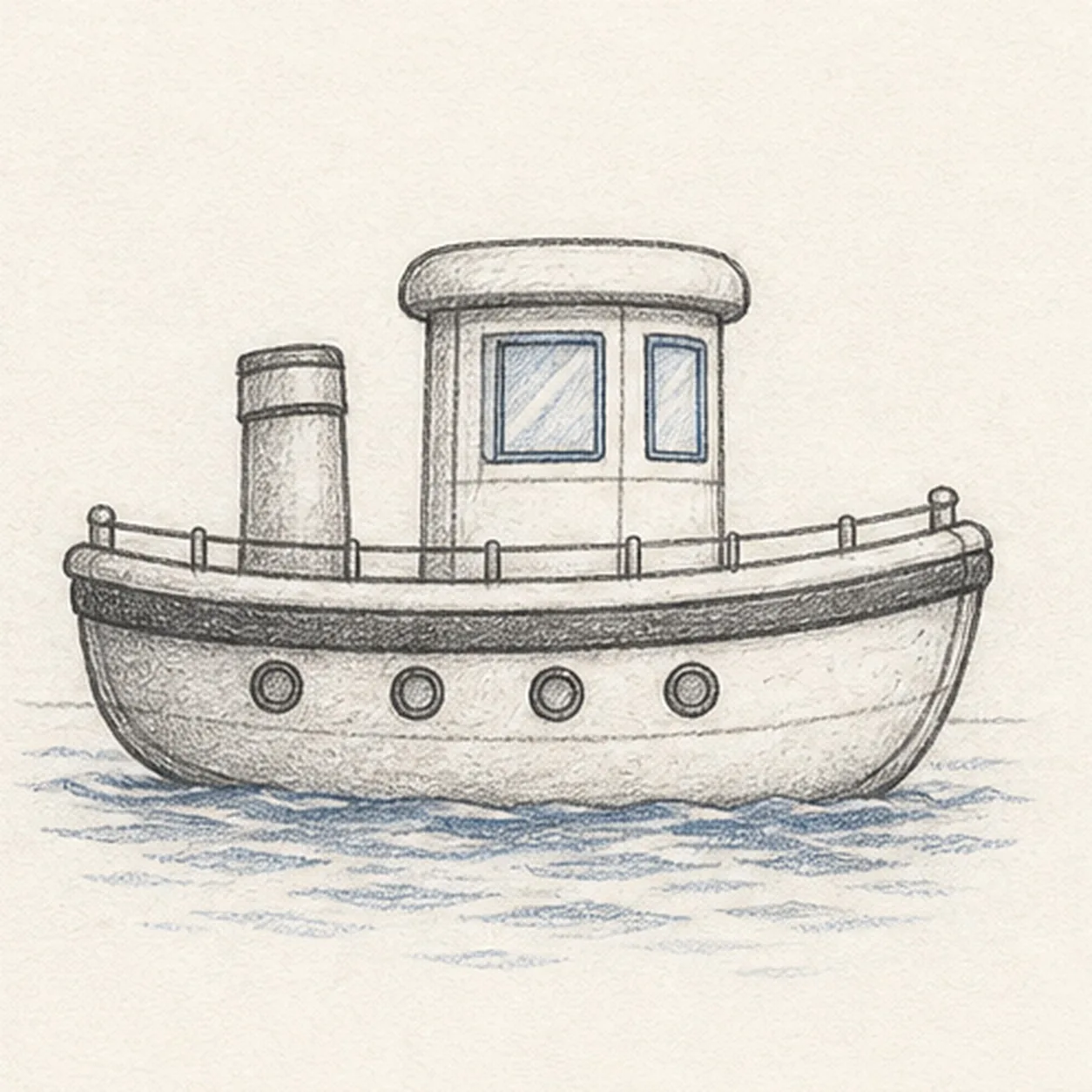 Graphite and blue colored-pencil sketch of a little tugboat with a rounded hull, cabin, smokestack, portholes, rail, and water ripples