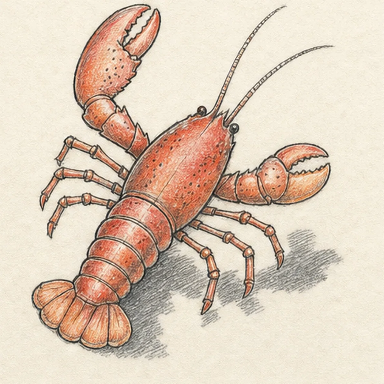 Handmade graphite and restrained colored-pencil sketch of one lobster in a diagonal top view with one large raised claw, one smaller lower claw, exactly seven visible walking legs with one front leg hidden behind the raised claw, two long antennae, two dark eyes, one segmented coral-red abdomen, one five-part muted-orange tail fan, sparse shell spots, cream paper highlights, and one broken graphite shadow