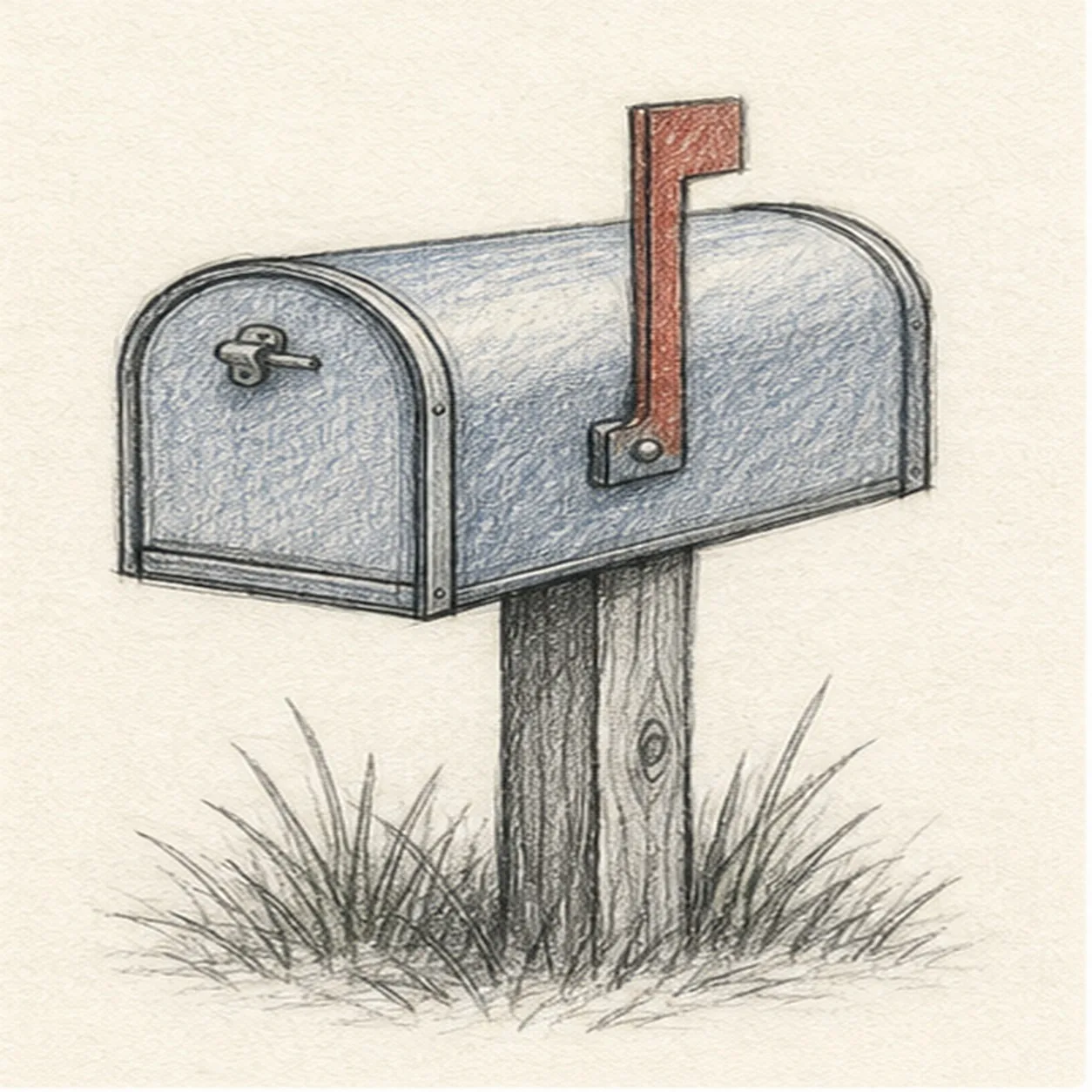 Graphite and colored-pencil sketch of a blue-gray rural mailbox on a wooden post with a raised red flag, small handle, side seams, grass tufts, and soft shading