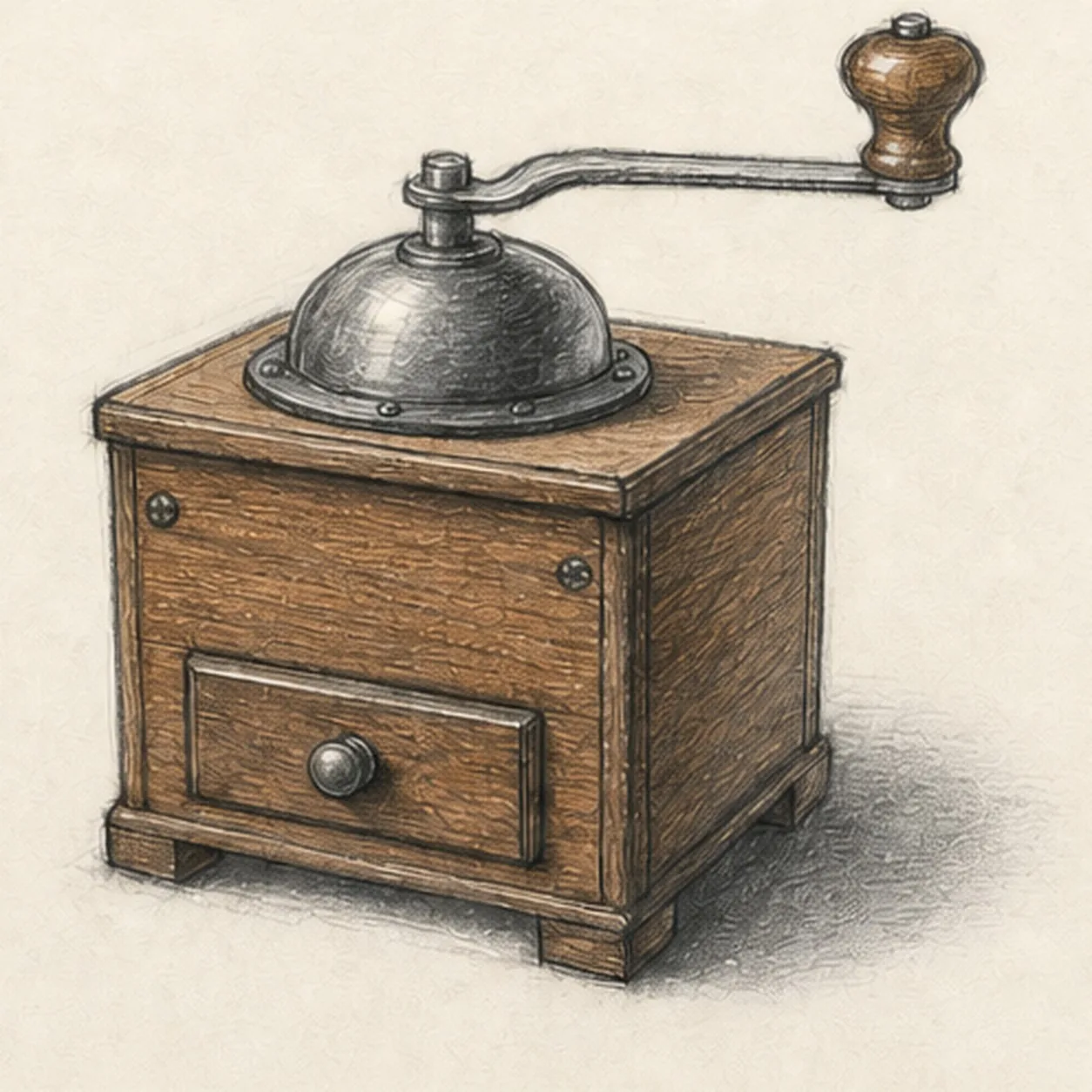 Handmade graphite and colored-pencil sketch of an old-fashioned manual coffee grinder with warm walnut box cabinet, visible front and right side planes, three visible short feet, domed gray metal hopper with collar bolts, long raised crank, rounded wooden knob, centered front drawer and pull, two front-corner screws, wood grain, and soft cast shadow