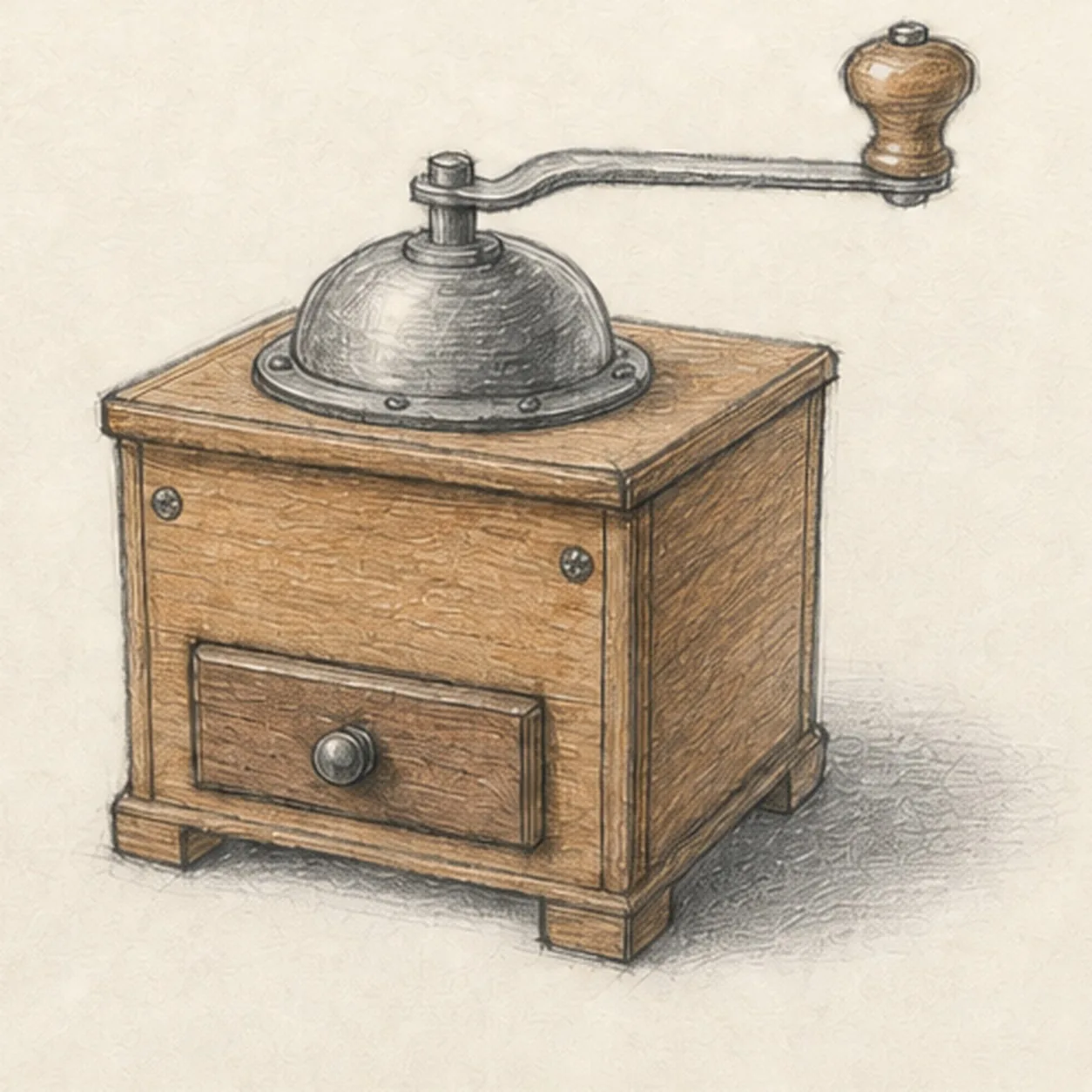 Shade the wood and metal stage for how to draw a coffee grinder
