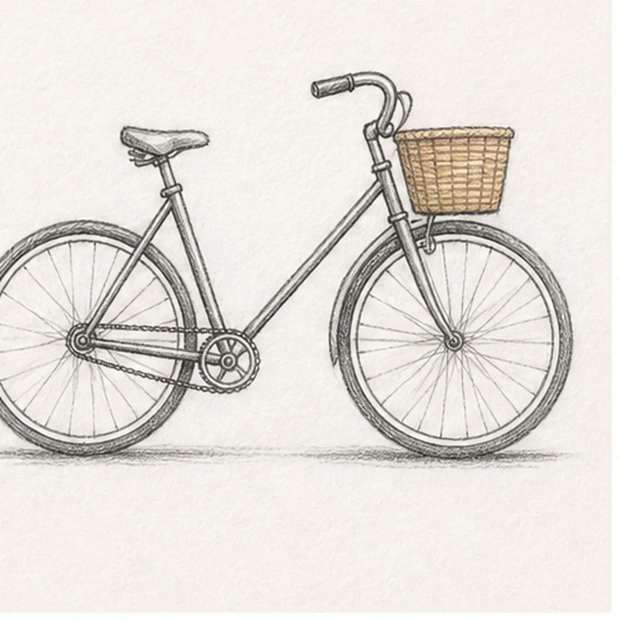 Graphite and colored-pencil sketch of an old-fashioned side-view bicycle with two round wheels, thin frame, curved handlebar, small seat, front woven basket, spokes, chain, and soft tire shadows