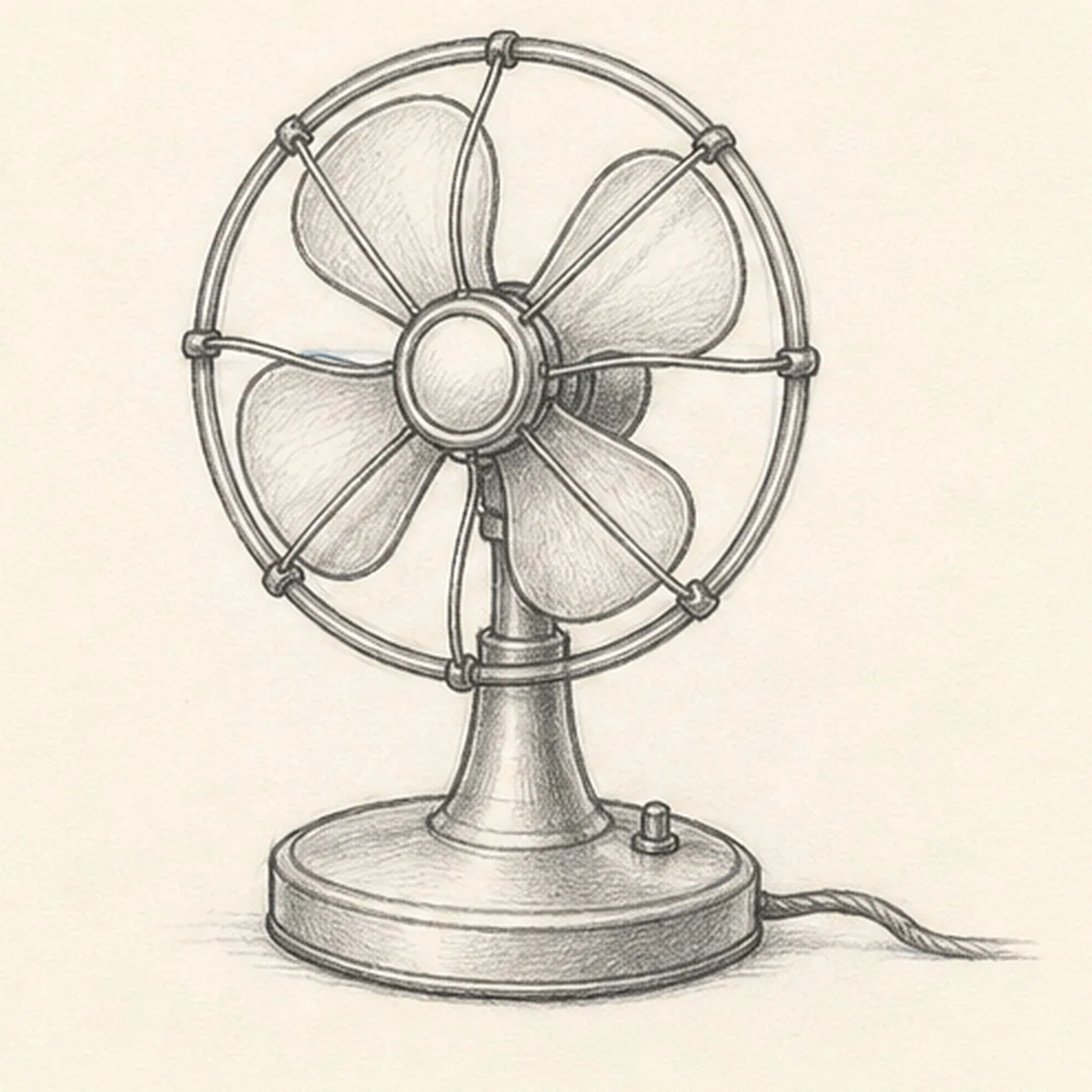 Handmade graphite sketch of an old-fashioned desk fan with oval base, round wire cage, four broad blades, wire spokes, and trailing cord