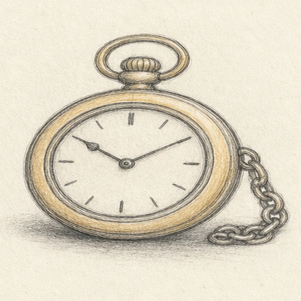 Handmade graphite and warm ochre pencil sketch of an old-fashioned round pocket watch with a crown loop, simple dial marks, two hands, loose chain, and soft ground shadow