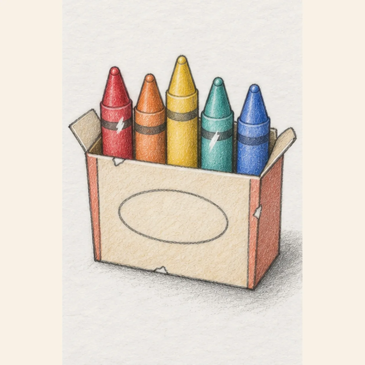 Handmade graphite and restrained colored-pencil sketch of one open warm-cream crayon box in three-quarter view with muted-coral side panels, exactly five crayons rising at varied heights in red, orange, golden yellow, teal, and blue, one pointed tip per crayon, exactly one dark wrapper band per crayon, exactly two outward carton flaps, one blank oval front label, exactly two short front seams, exactly three small wear nicks, exactly two open-paper wrapper highlights, visible paper tooth, and one broken cool-gray ground shadow