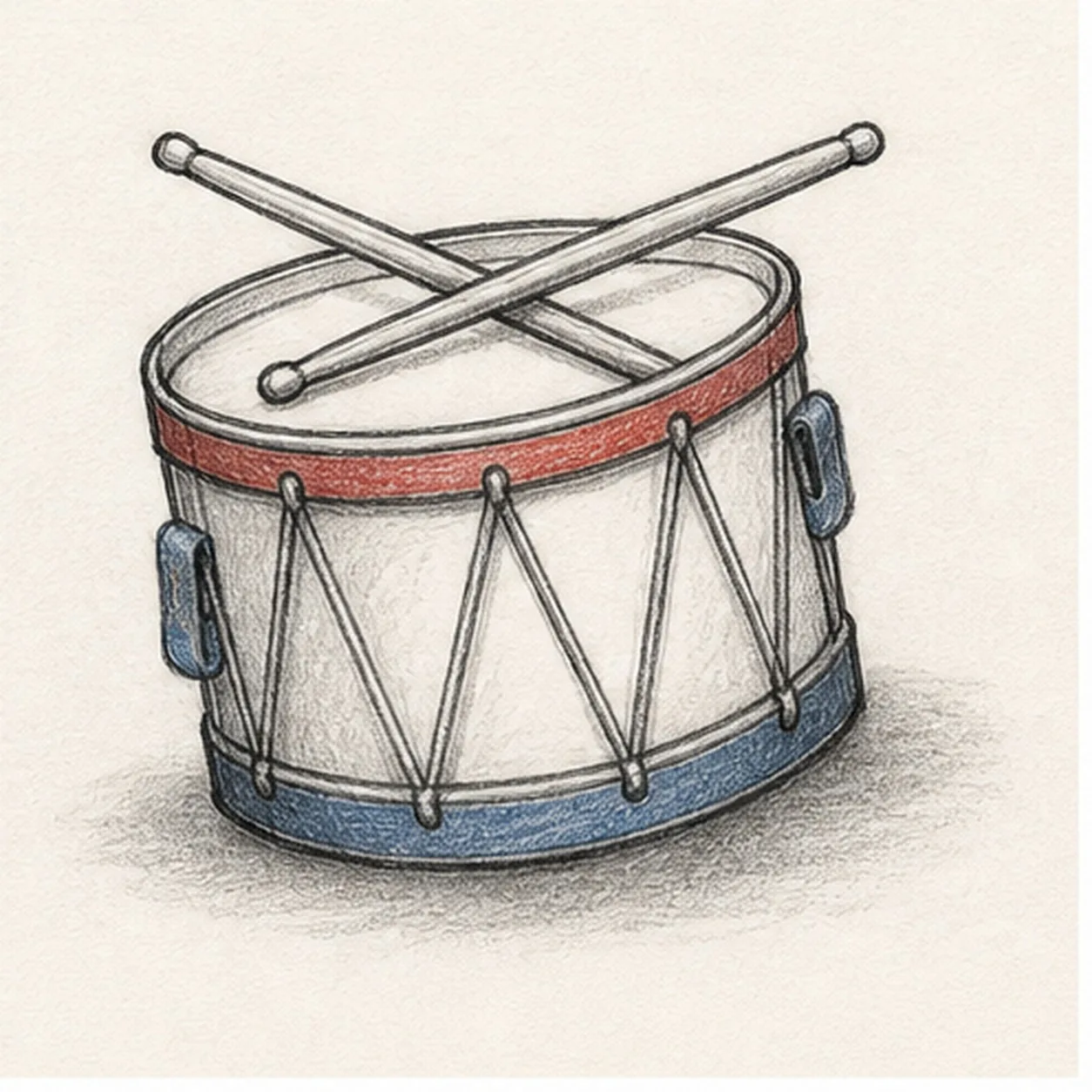 Graphite and colored-pencil sketch of a parade drum with crossed drumsticks, side lacing, red and blue rim accents, and a soft ground shadow