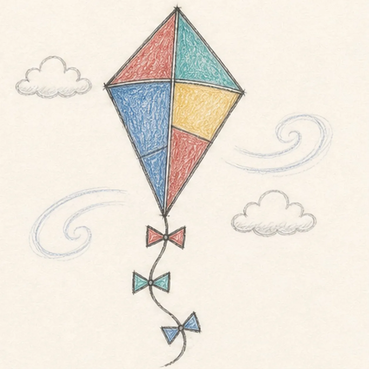 Graphite and colored-pencil sketch of a patchwork diamond kite with red, teal, blue, and yellow panels, a curving string, three tail bows, clouds, and wind swirls
