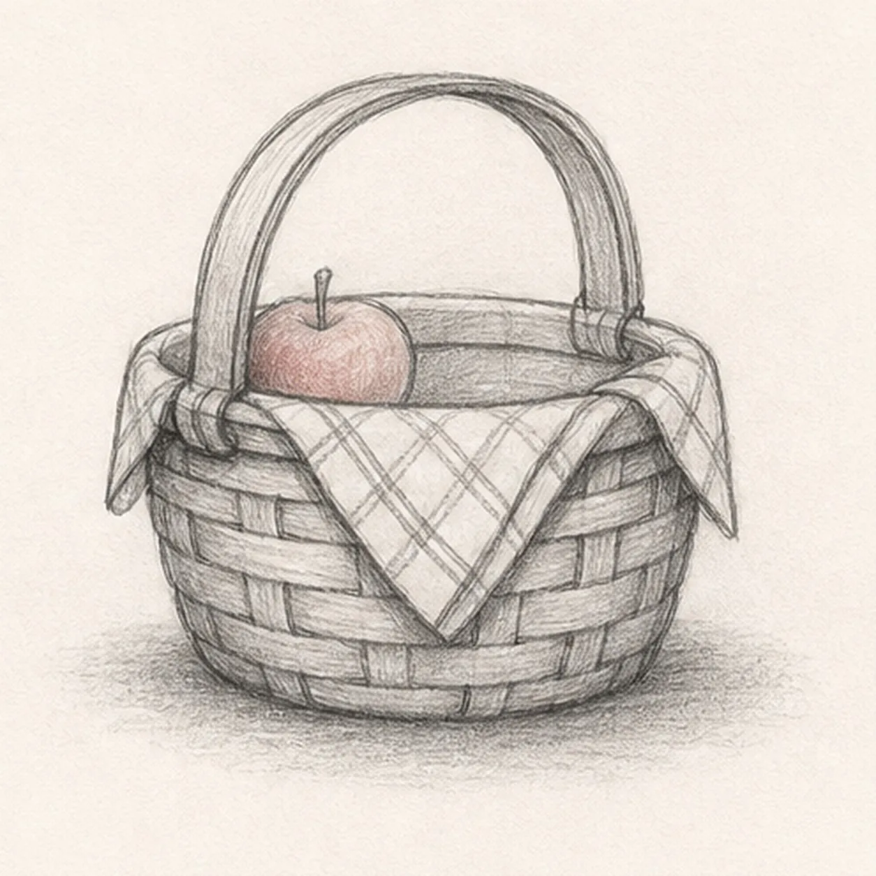 Graphite sketch of a picnic basket with woven body, arched handle, folded cloth, small apple, and soft shadow
