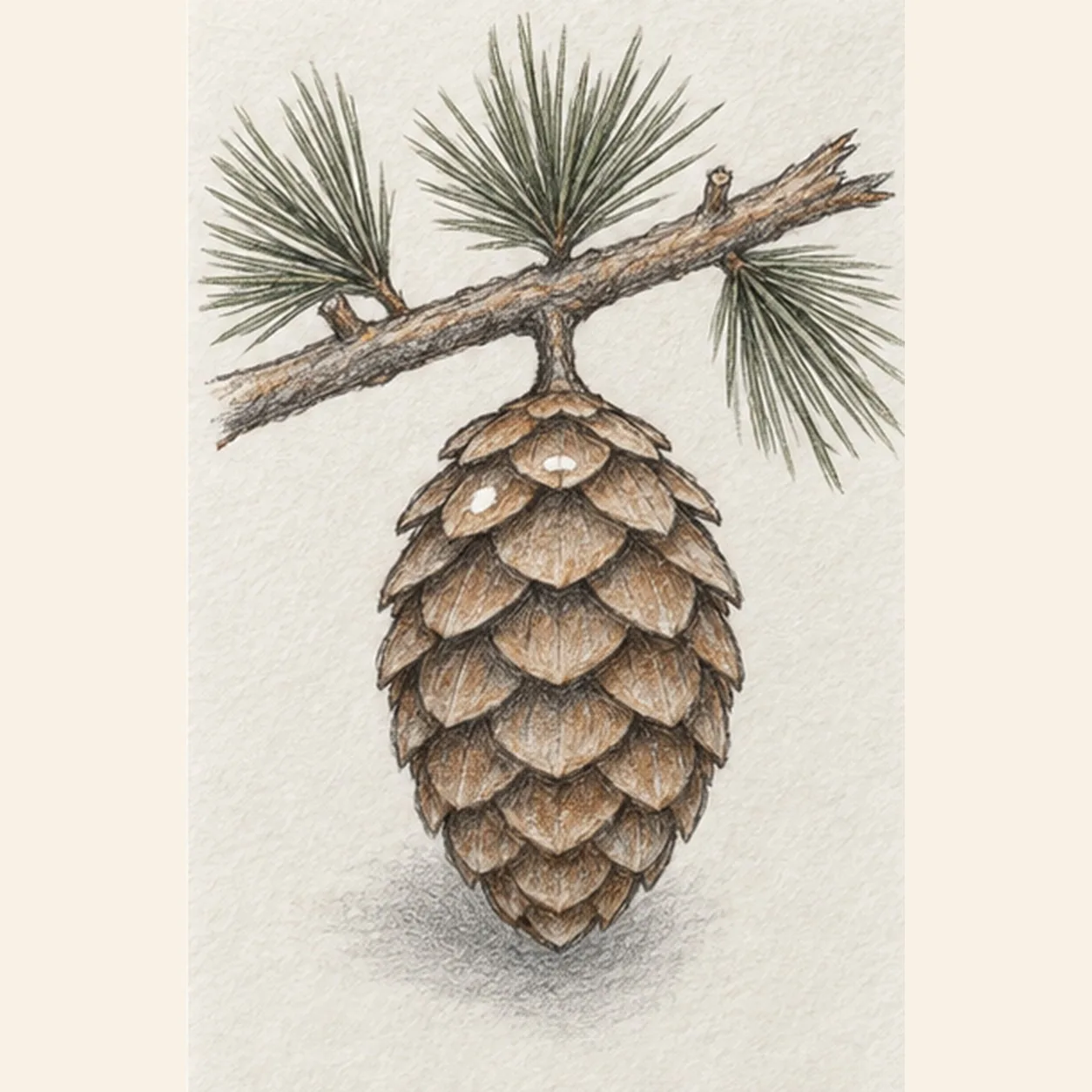 Handmade graphite and restrained colored-pencil sketch of one warm-brown pinecone hanging from one slanted branch by a short stem, with layered overlapping scales, exactly three attached muted-green pine-needle clusters, exactly two visible branch nubs, two open-paper scale highlights, visible paper tooth, and one soft broken cool-gray shadow