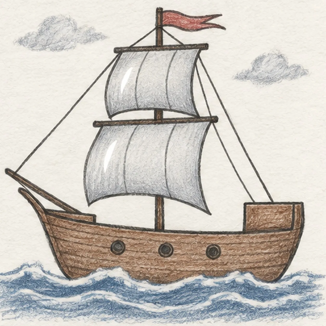 Handmade graphite and restrained colored-pencil sketch of one left-facing pirate sailing ship with one warm-brown curved wooden hull, one blank stern cabin, one center mast, exactly two square cool-gray sails with two curved seams each, one forked muted-red pennant, one diagonal bowsprit, exactly three taut rigging lines, exactly three round hull portholes, exactly three broken desaturated-blue wave bands, exactly two cool-gray cloud wisps, exactly two open-paper sail highlights, and visible paper tooth