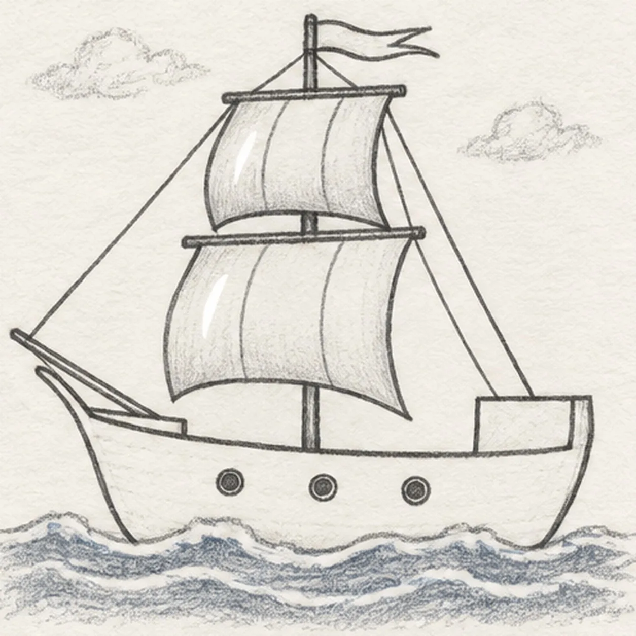 Set the ship in rolling water stage for how to draw a pirate sailing ship at sea