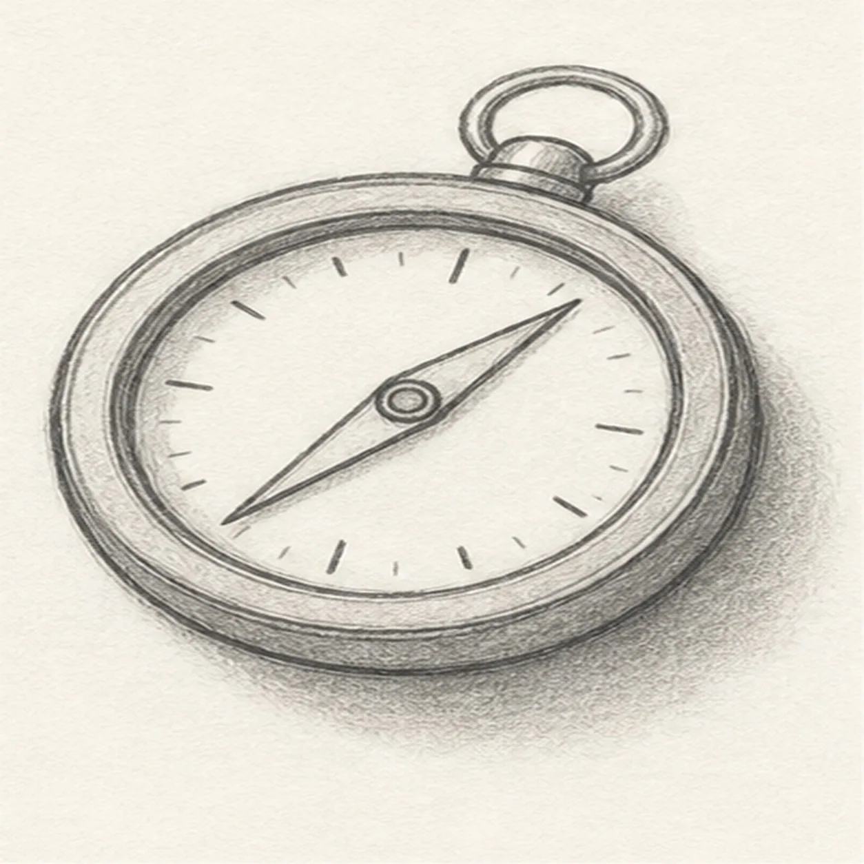 Graphite sketch of a round pocket compass with inner face, diamond needle, top loop, tick marks, case shading, and cast shadow