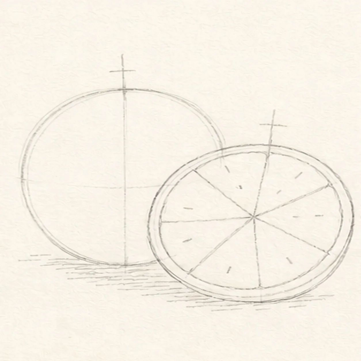 Arrange the two fruit forms stage for how to draw a cut-open pomegranate