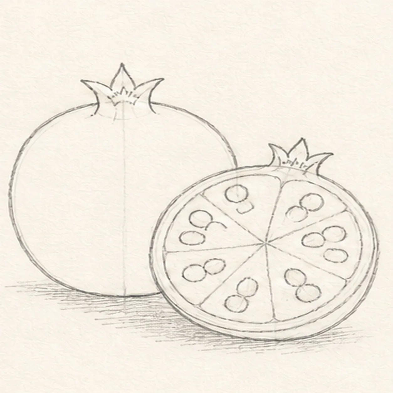 Place twelve seeds stage for how to draw a cut-open pomegranate