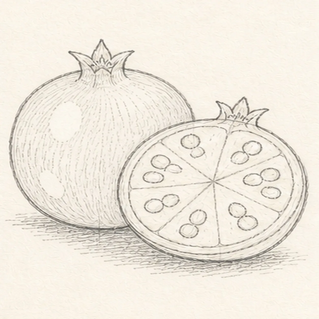 Map texture and highlights stage for how to draw a cut-open pomegranate