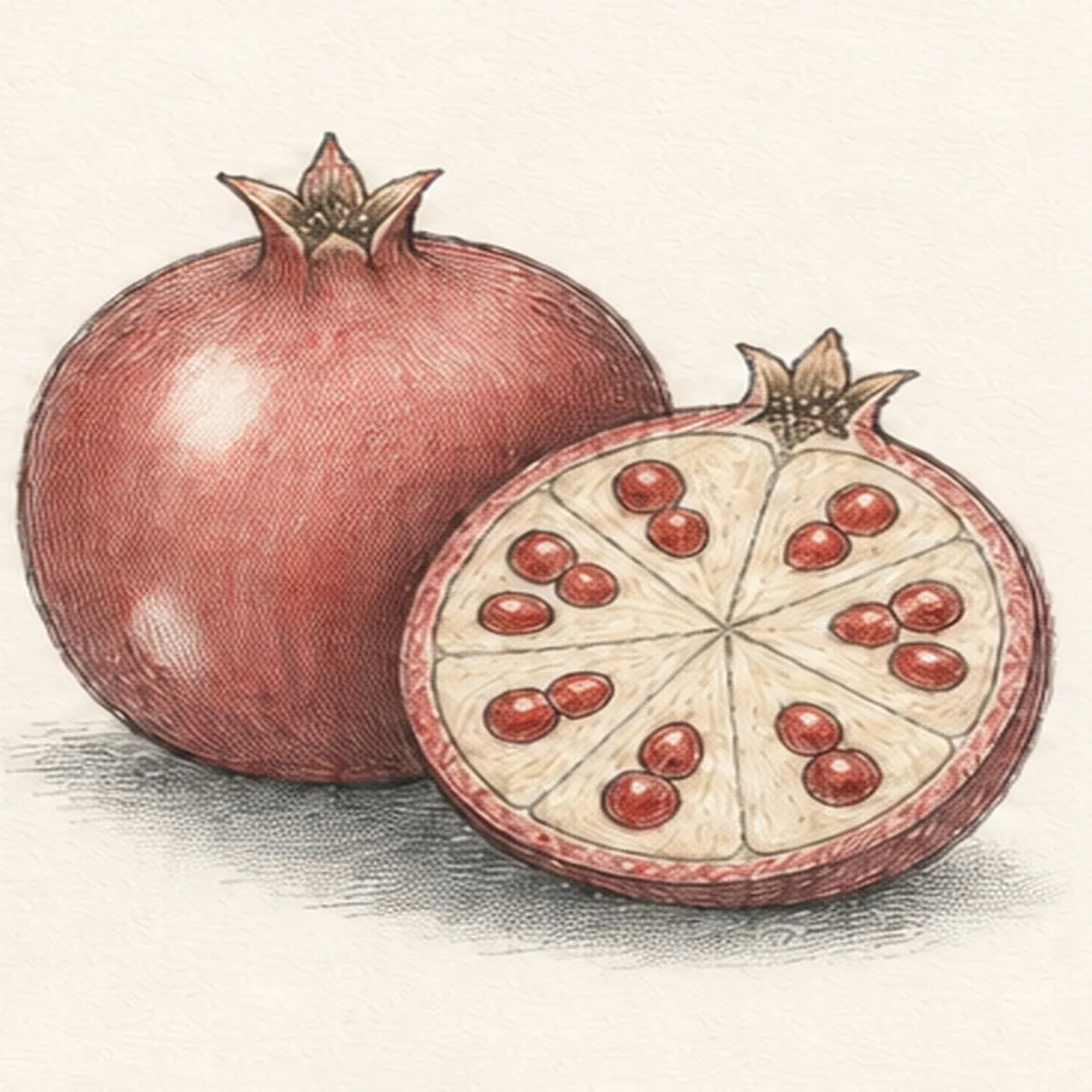 Clarify seed depth and rind stage for how to draw a cut-open pomegranate