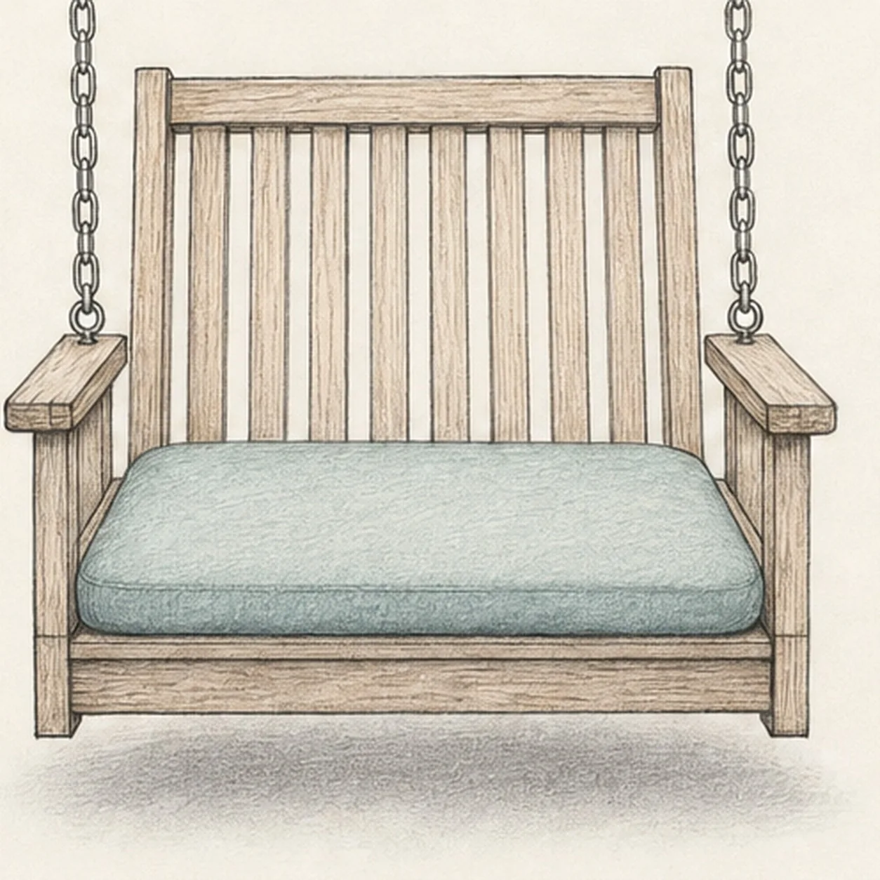 Handmade graphite and colored-pencil sketch of a near-front wooden porch swing with two vertical chains connected directly to armrest eye bolts, visible vertical back slats, a pale teal seat cushion, exposed warm wood rails, and a soft floor shadow