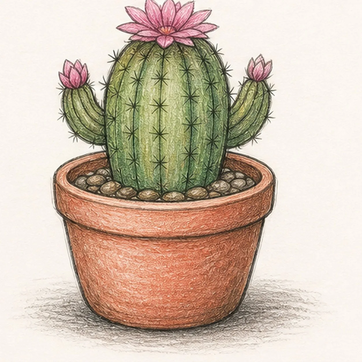 Graphite and colored-pencil sketch of a ribbed green cactus with side arms, pink flowers, gravel, and a rounded terracotta pot