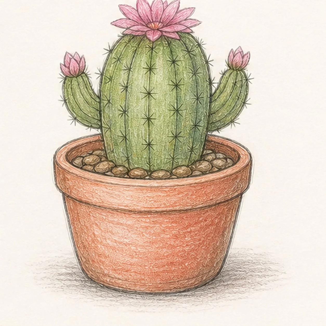 Place flowers, spines, and color stage for how to draw a flowering cactus