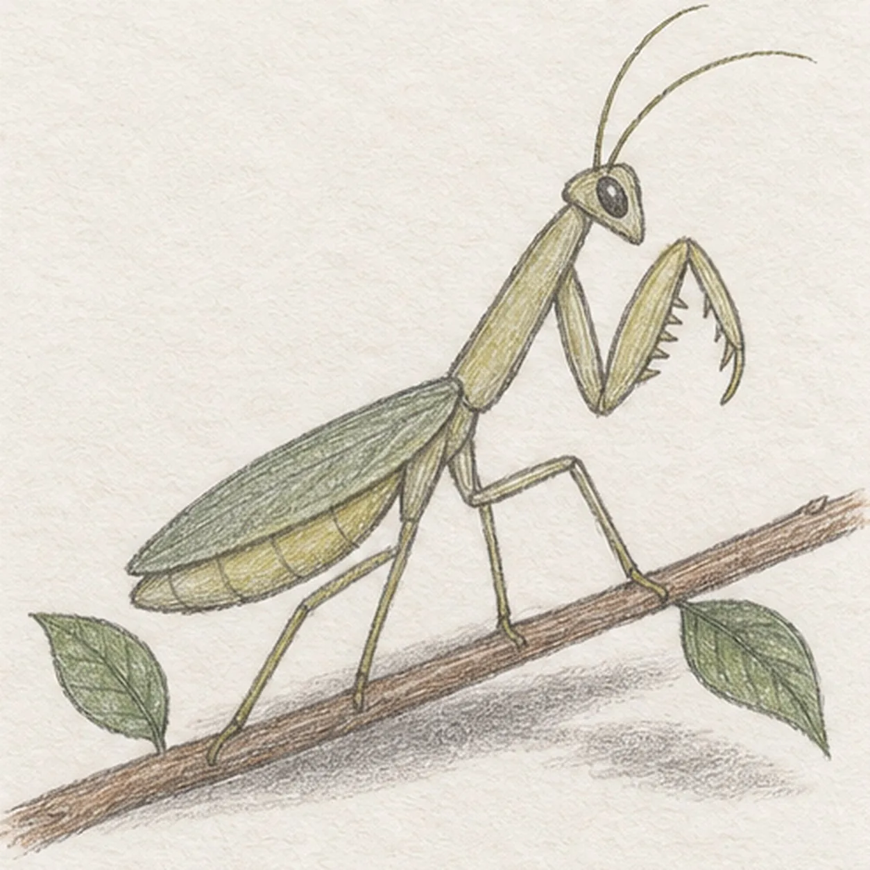 Handmade graphite and restrained colored-pencil sketch of one side-view praying mantis angled upward on a warm-brown twig with one pale-olive thorax, one tapered abdomen, one triangular head, exactly two long antennae, one dark near eye with a paper highlight, one visible folded grasping foreleg with inner spines, exactly four long walking legs touching the twig, one muted-green folded wing, exactly three exposed abdomen bands, exactly two attached green leaves, visible paper tooth, and one broken graphite shadow