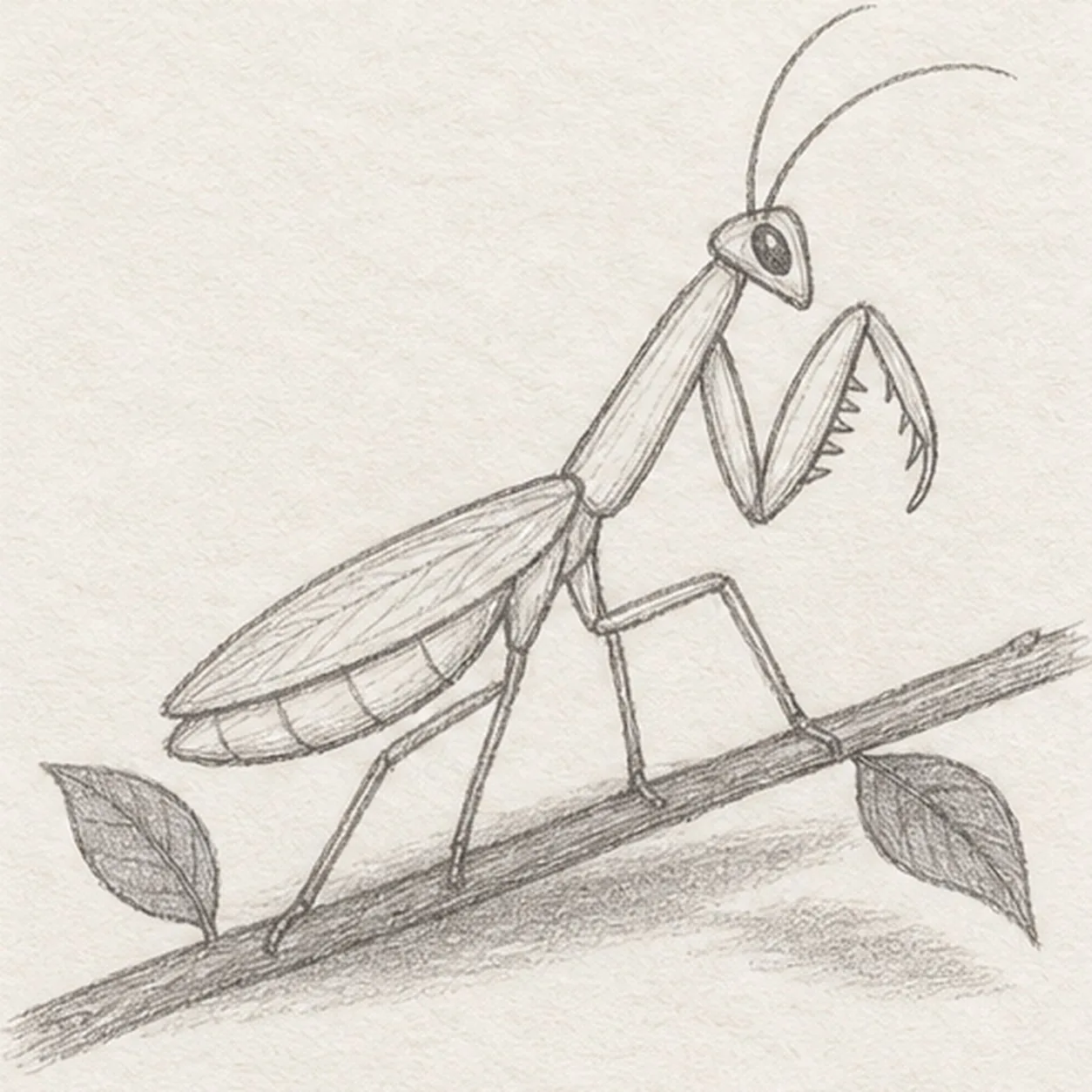 Add wing, bands, and leaves stage for how to draw a praying mantis on a twig