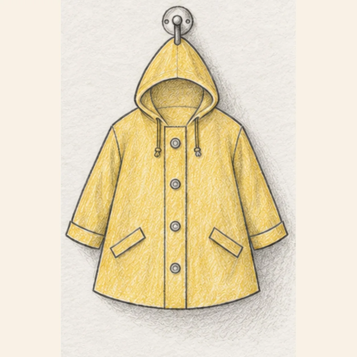 Handmade graphite and mustard colored-pencil sketch of a hooded raincoat hanging from a small round wall peg, with two loose cuffed sleeves, four buttons down a central placket, two slanted pocket flaps, two hood drawstrings, soft folds, and a faint wall shadow