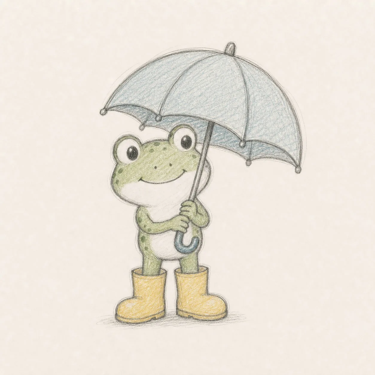 Loose graphite and colored-pencil sketch of a cartoon frog in yellow rain boots holding a blue umbrella