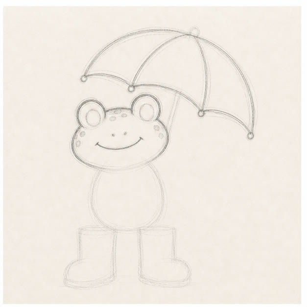 Draw the face and umbrella stage for how to draw a rainy-day frog