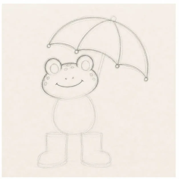 Draw the face and umbrella stage for how to draw a rainy-day frog